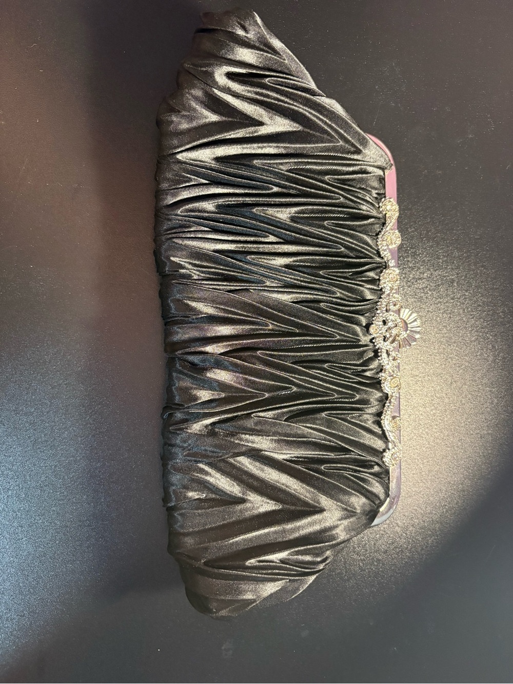 Black Satin Evening Clutch with Crystal Accent